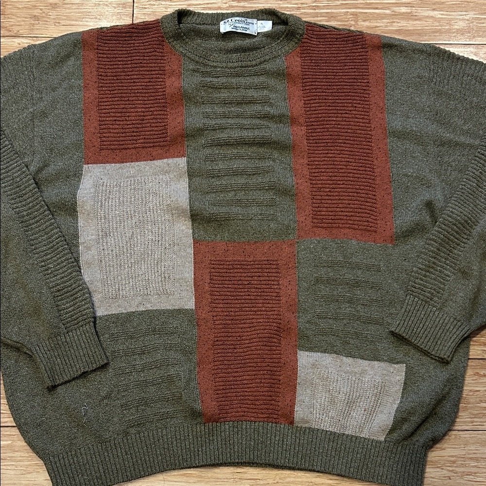 St. Croix Vintage Eclectic Grandpa Men's Crewneck Sweater Olive and Rust XL